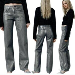 ZARA WOMEN MID WAIST TRE LOOSE FOIL JEANS SIZE 4